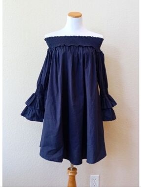 Vasna navy blue off-the-shoulder dress with smocked neckline